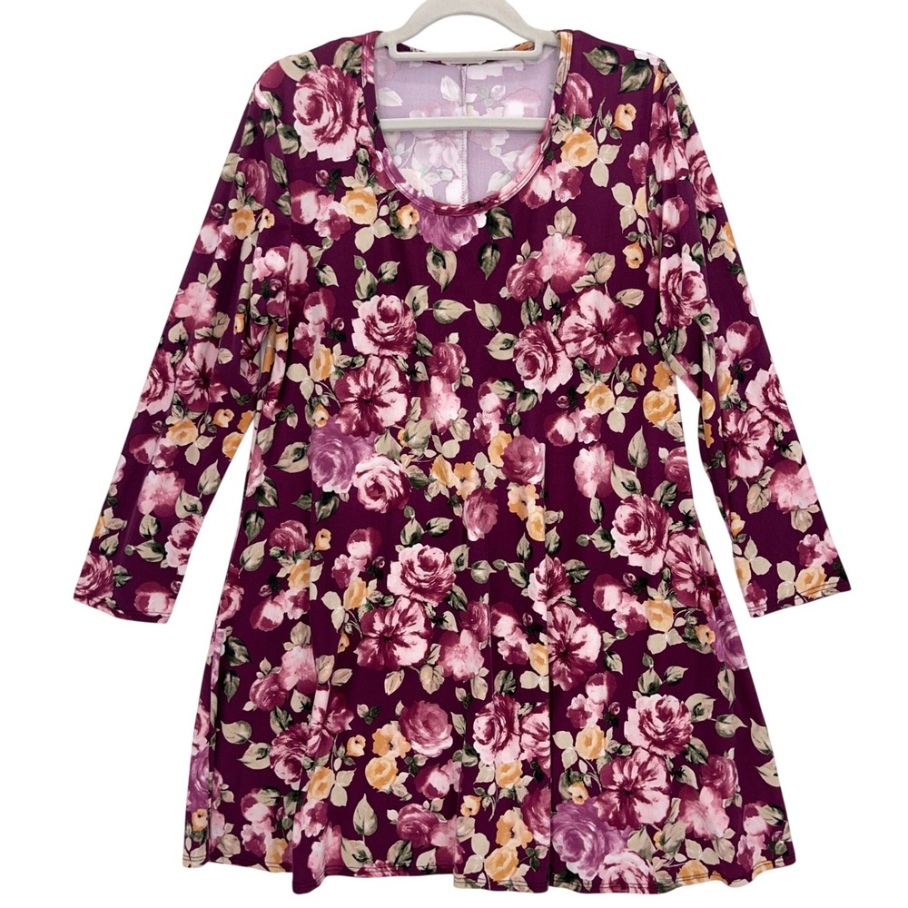 Purple Floral Long Sleeve Swing Dress 1X Plus Curvy Grunge 90s Style